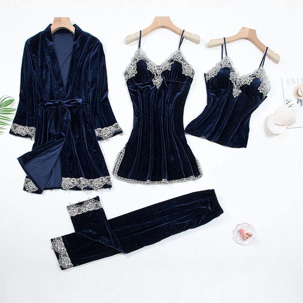 

2021 new oversized women's autumn winter golden velvet pajama set with lace solid homewear vintage nightdress female sleepwear tbu0, Black;red