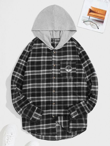 

men plaid letter patched detail pocket front hooded shirt q8zt#, White;black