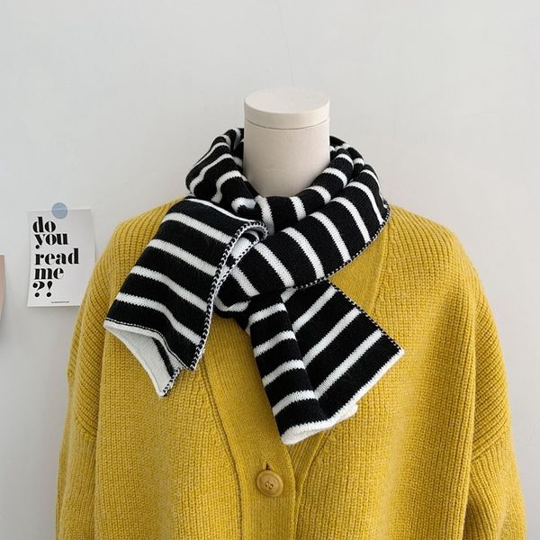 

korean ins classic black white striped knitted wool scarf for women's literature and art with thickened warm neck, Blue;gray