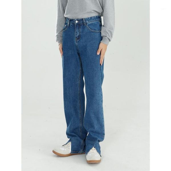 

male women couple streetwear hip hop denim pant men vintage slit hem loose casual basic style straight jeans trousers1, Blue