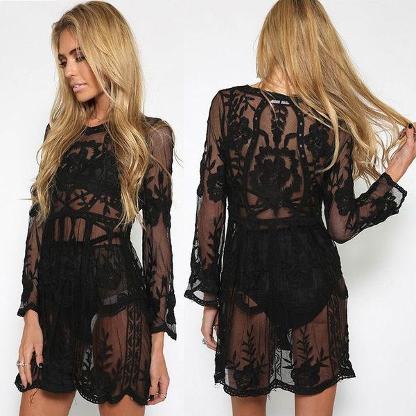 

women solid sheer lace mesh kaftan beach cover up swimsuit cover up dress robe de plage, White;black
