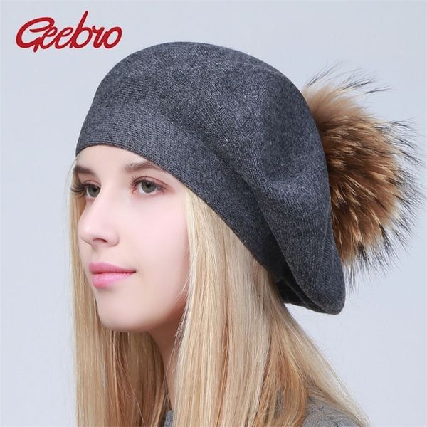 

geebro women berets hat winter casual knitted wool berets with natural raccoon fur pompon ladies solid color beret hats gs110 y200102, Blue;gray