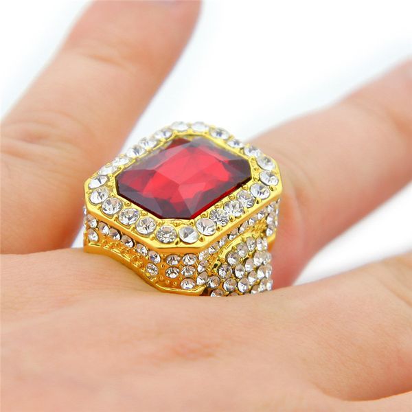 

red gem diamond rings fashion jewelry hip hop style 18k gold plate ring for men, Golden;silver