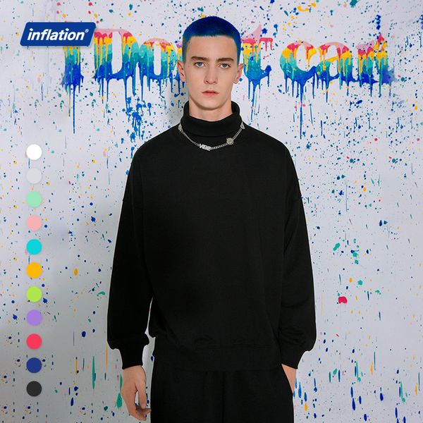 

inflation basic high neck drop shoulder oversized sweatshirt men streetwear solid color pullovers c0127, Black