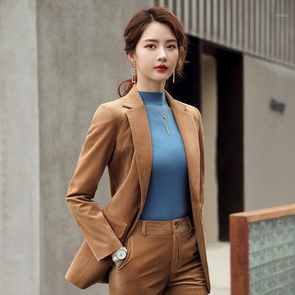 

autumn spring suit corduroy women's elegant blazer pants and jacket clothing short business coat 2 piece sets female pants suit1, White