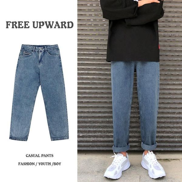 

spring autumn 2020 hong kong style new trendy brand straight jeans loose casual cropped trousers solid color cropped trousers, Blue