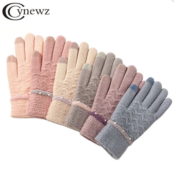 

newthick winter gloves knitted warm for women female pearl decoration touch screen full fingers wrist mittens ladies guantes
