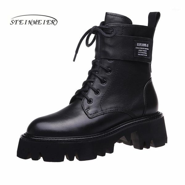 

women winter ankle boots genuine leather woman shoes 2020 fashion thick high heels round toe lace-up short ladies boots1, Black
