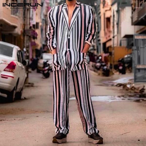 

fashion striped men sets incerun leisure long sleeve lapel shirts elastic waist pants 2 pieces hawaiian man loose pockets suits71, Gray