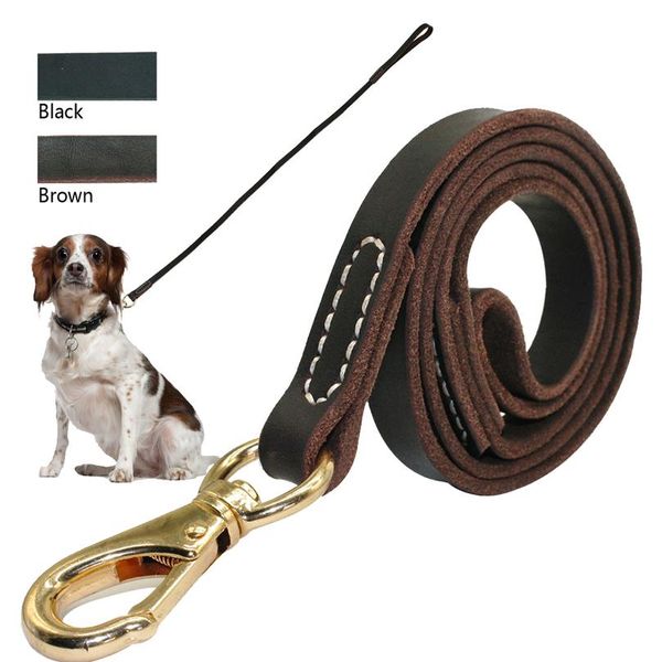 

heavy duty handmade leather dog leash lead dark brown black with gold hook for walking training all dog breeds bbytky