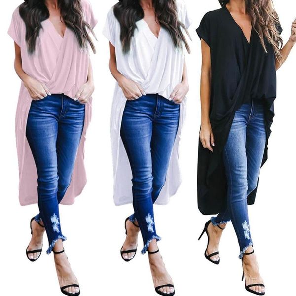 

new women short sleeve v neck front cross irregular swallow-tailed hem loose blouse, White
