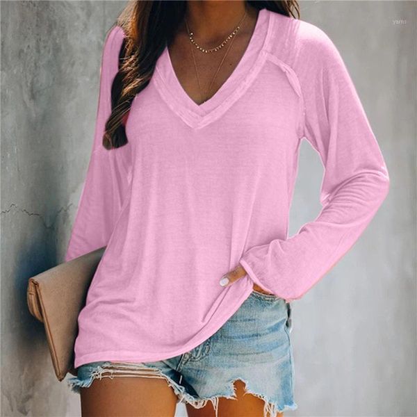 

4 colors women autumn t shirt casual v-neck long sleeved t-shirts ladies solid color loose fashion pullover, White