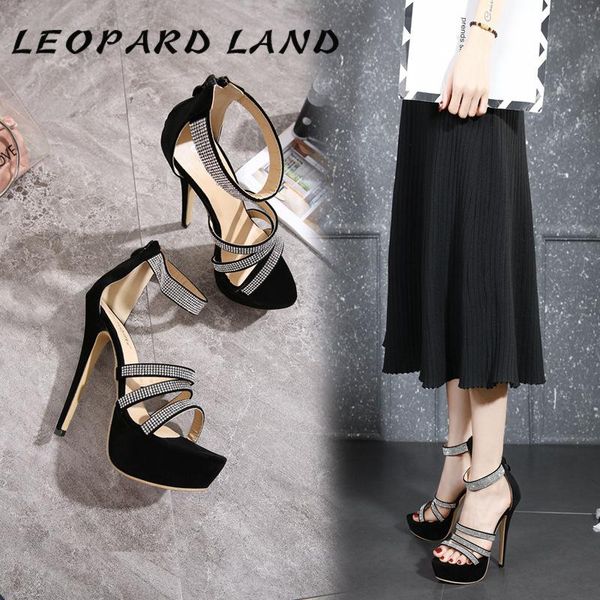 

leopard land 2020 women fashion platform sandals shiny rhinestone 35 42 heels 14 cm high heels sandals women, Black