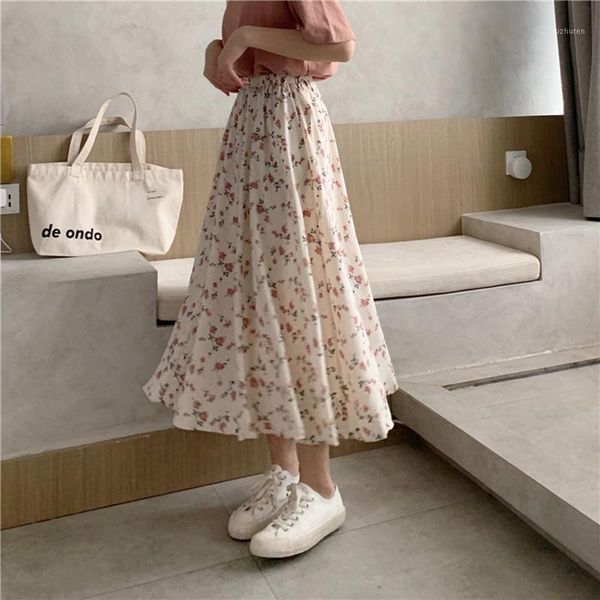 

summer flowers women skirts light color floral skirt small fresh a word high waist fairy super fairy forest student long skirt1, Black