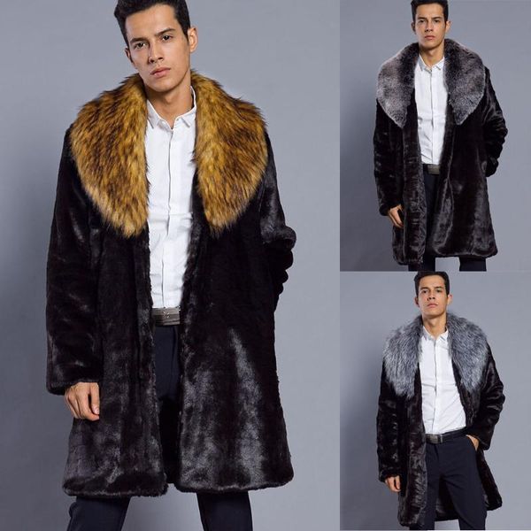

faux fur long jacket european size 2020 men's imitation fur long coat leather thick big collar men's coat, Black