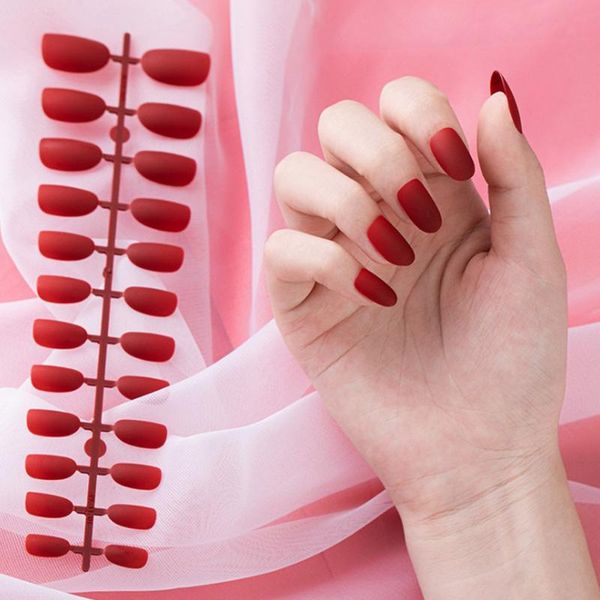 

24 pcs/set fake nail tips full cover pink blue black mixed colors matting effect natural abs artificial nail art design nails, Red;gold