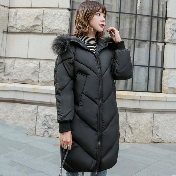 

2020 winter jacket women hooded fur collar warm thicken female long coat black gray parka loose1