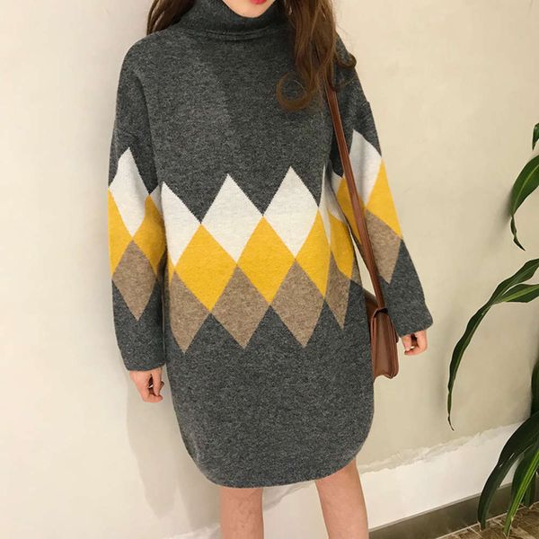 

and materni autumn winter fashion leisure diamond plaid stitching knitted thickened medium length chaoma sweater, White