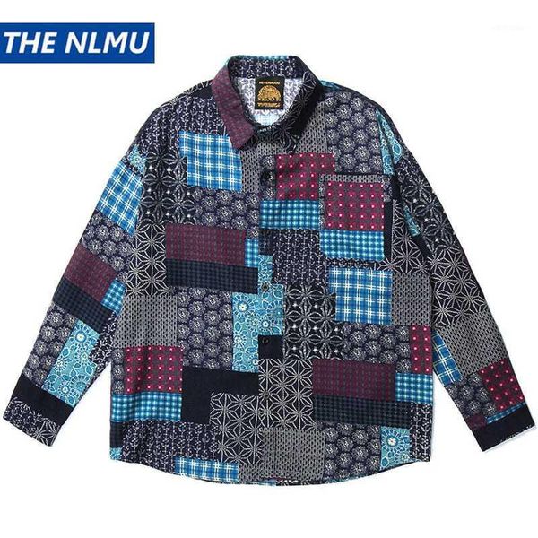 

vintage color block patchwork long sleeve shirt hawaiian beach tees shirts streetwear harajuku hip hop loose shirts wy1521, White;black