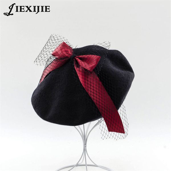 

winter veil wool beret painter cap fashion big cross bow mesh hat sweet cute berets soft macaron color ribbon vintage female hat 201019, Blue;gray