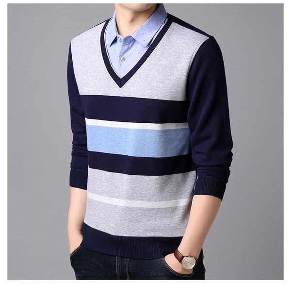 

men's sweaters autumn and winter velvet padded sweater fake two-piece warm shirt collar knit bottoming, White;black