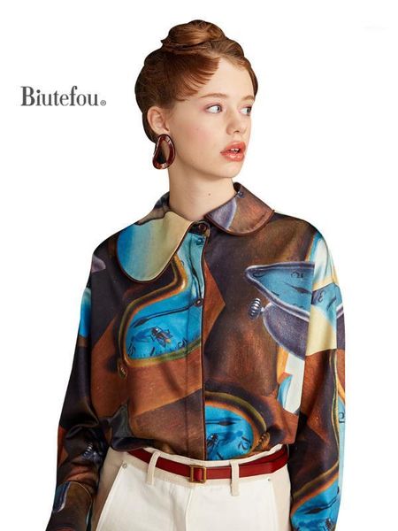 

2020 autumn long sleeve shirt fashion women print loose shirt1, White