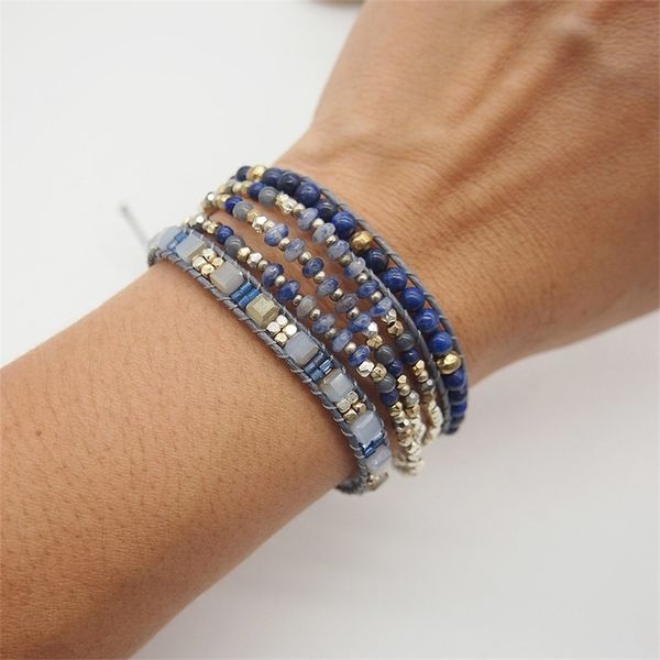 

sodalite lapis lazuli triple strands 5 wraps bohemian beadwork crystal mixed bracelet gift for men and women y200730, Black