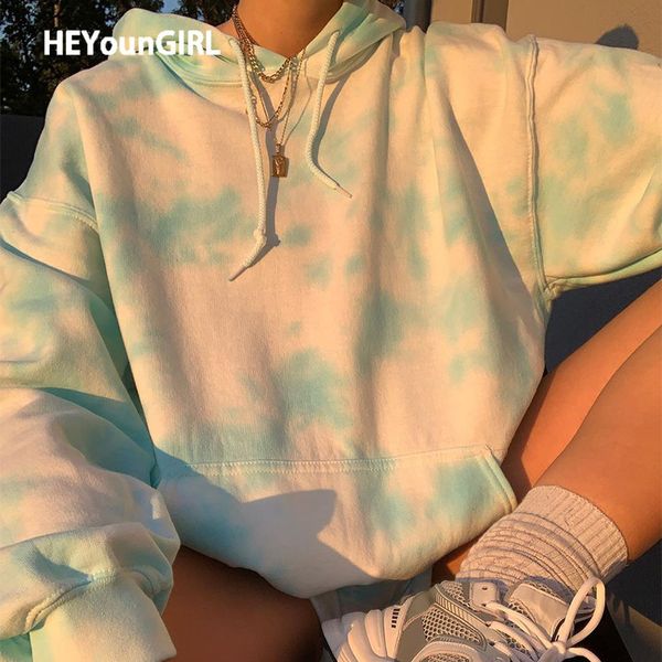 

heyoungirl tie dye printed long sleeve hoodies sweatshirt autumn casual loose pullovers ladies hooded sweat shirt streetwear, Black