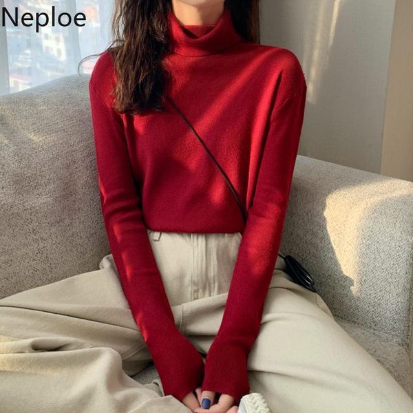 

neploe fall 2020 women turtleneck slim fit sweaters for women long sleeve red knitted pullovers korean chic jumper pull femme, White;black
