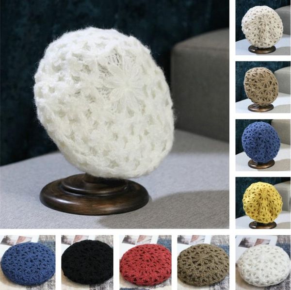 

beret hat women bonnets ethnic style handmade knitted woolen cap women's autumn and winter retro elegant flower warm caps, Blue;gray