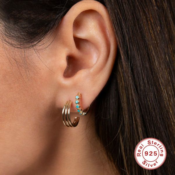 

februaryfrost brand 100% 925 sterling silver jewelry u shaped blue stone small stud earrings for women korea fashion ladies earring party gi, Golden;silver