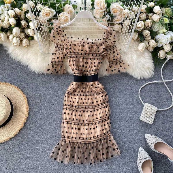 

casual dresses 2021 runway designer vintage women's dress summer short sleeve square collar beige polka dot mesh for femal, Black;gray