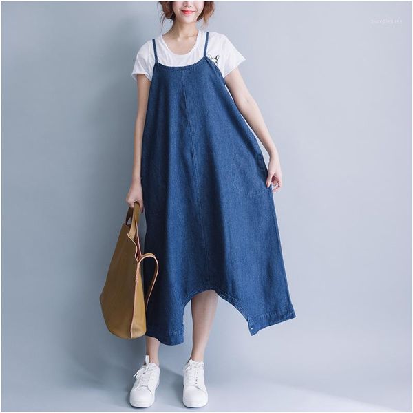 

johnature new denim dresses loose sleeveless casual simple spaghetti strap pockets button 2020 summer large size jeans dresses1, Black;gray