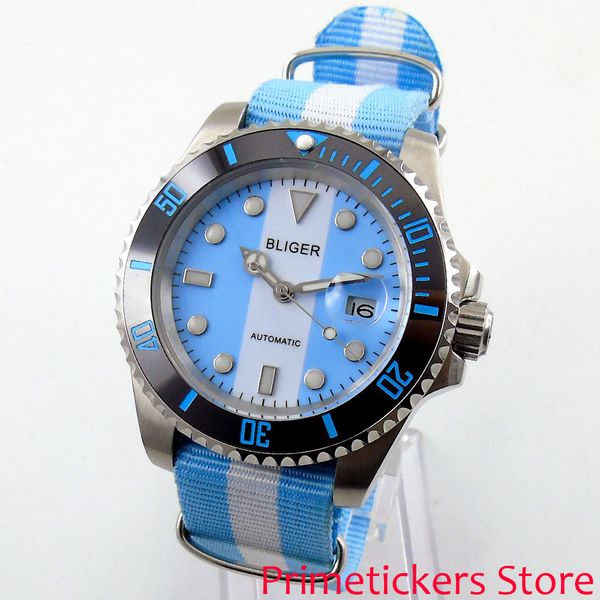 

bliger 40mm blue white dial sapphire crystal black ceramic bezel automatic movement men's watch nylon strap, Slivery;brown