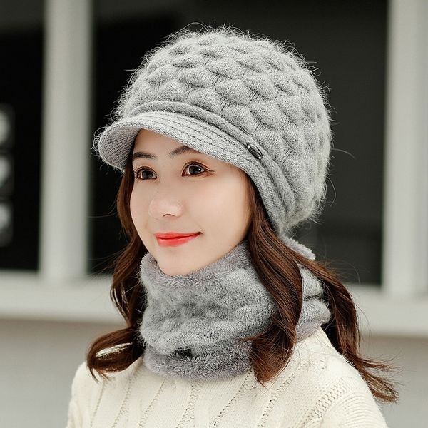 

women hat winter wool hat and scarf set two-piece women wool thicken warm set female ring scarves hats for girls beanie y201024, Blue;gray
