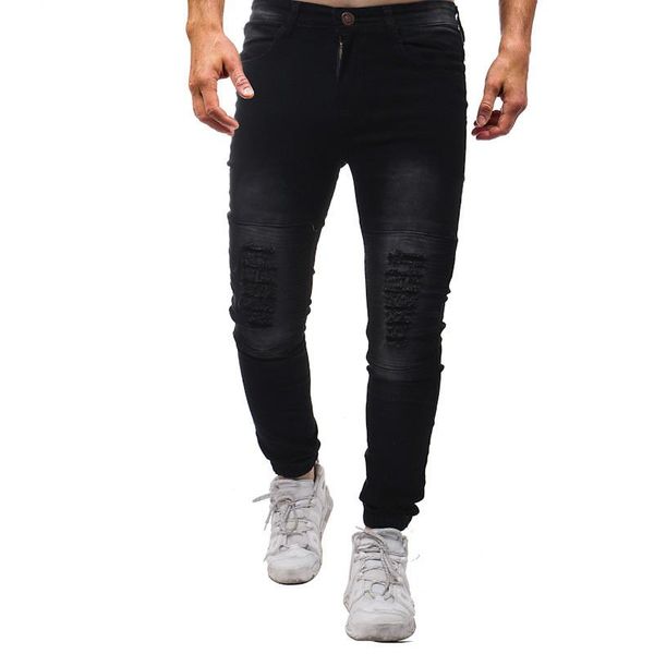 

new skinny denim jeans stretch men 2020 fashion hole pants fold pleated solid ripped men jeans length trousers denim pants, Blue