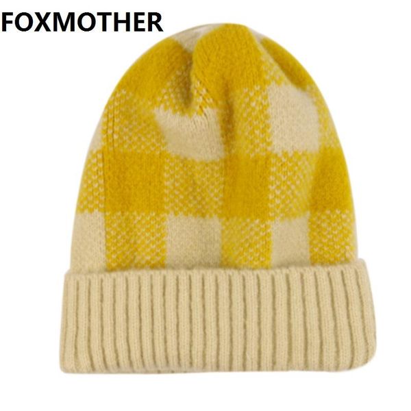 

beanie/skull caps foxmother fashion winter yellow red plaid check knitted beanie hats warm skullies women ladies ski outdoor, Blue;gray