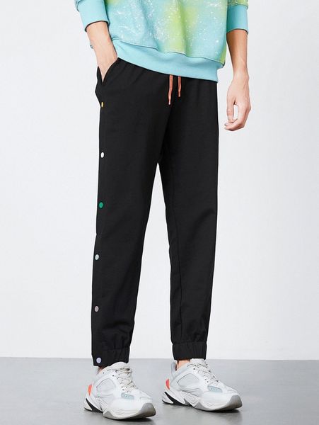 

men single breasted side slant pocket sweatpants v35a#, Black