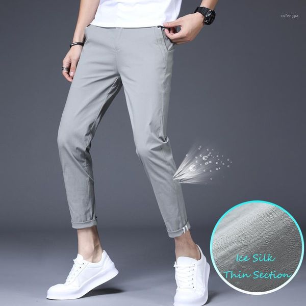 

ultra thin ice silk pants summer home travel nine point pants men's lightweight breathable business casual trousers1, Black