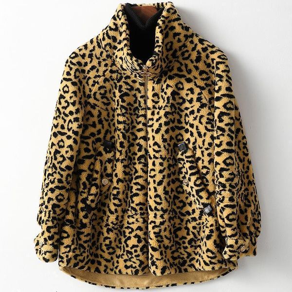 

winter fashion leopard print wool blends coat women winter new wool fur coat loose mid length jackets thick warm fur outwear1, Black