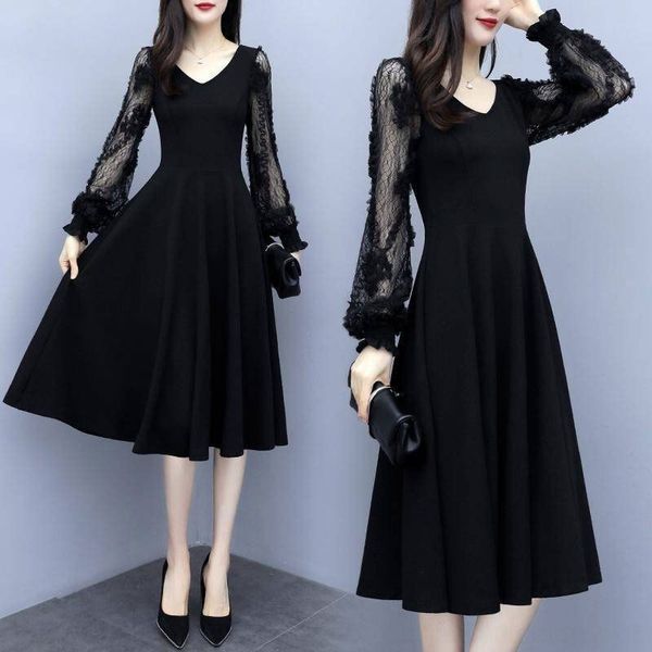 

aaeah 2020 early spring dress dresslace dressnew mid-length size women's clothing large lace long base dress slimming sleeve skirt k1xp, Black;gray