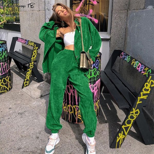 

mnealways18 vintage corduroy autumn tracksuit women loose jackets and sweatpants sets green casual 2 piece christmas outfit 201110, White