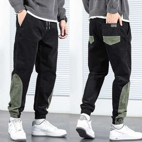 

autumn newly fashion men jeans spliced designer casual corduroy cargo pants overalls streetwear hip hop jogger wide leg trousers, Blue