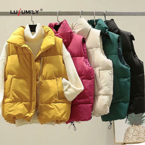 

lusumily 2020 winter women vest cotton sleeveless jacket vest waistcoat yellow warm solid vests slim pockets women's clothing 1023, Black;white