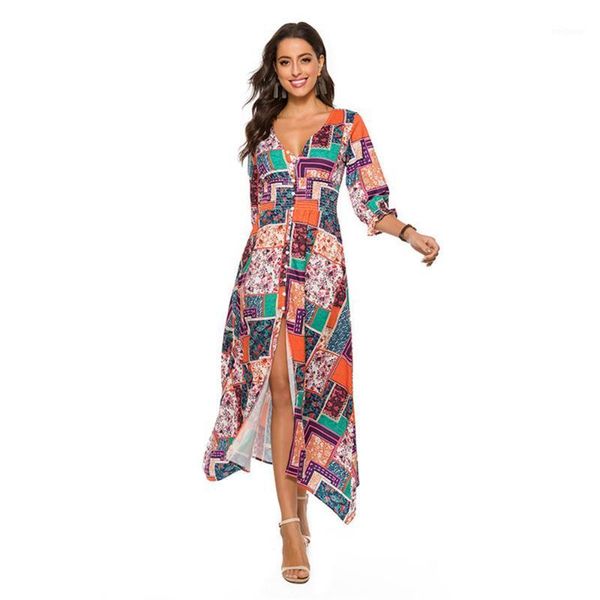 

v-neck print beach long dress a-line three-quarter sleeve button elastic waist irregular hem maxi dresses women summer dress1, Black;gray