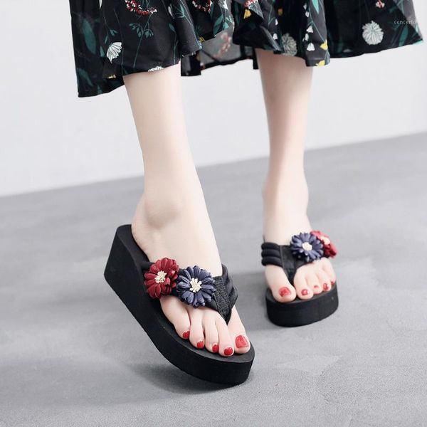 

women's slippers ladies summer flowers home beach shoes sandals flip flops casual beach wedges female slippers casual sandals1, Black