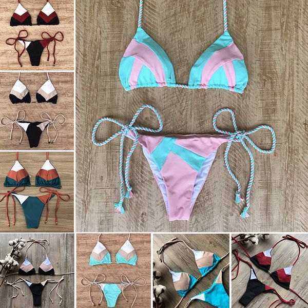 

new thong bikini set 2019 halter swimsuit women swimwear bandage push up patchwork beach bathing suit maillot de bain femme, Black;white