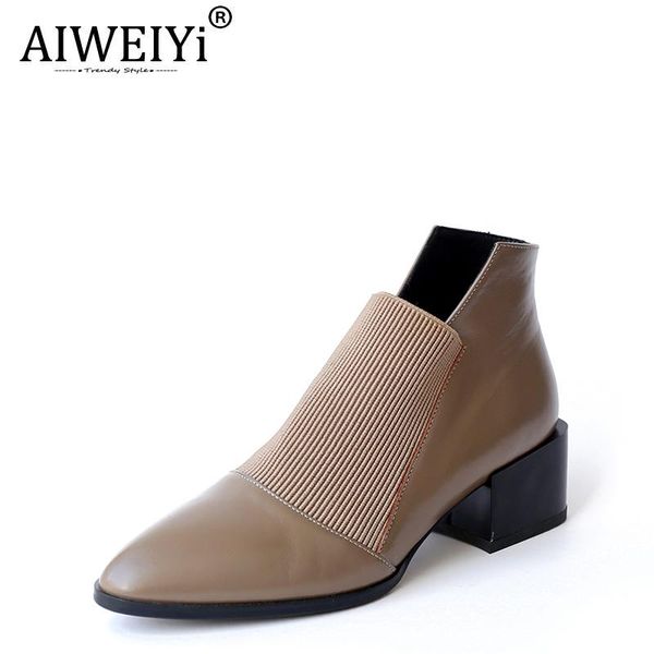 

aiweiyi pointed toe women boots genuine leather black khaki ankle boots women shoes slip on high heels shoes