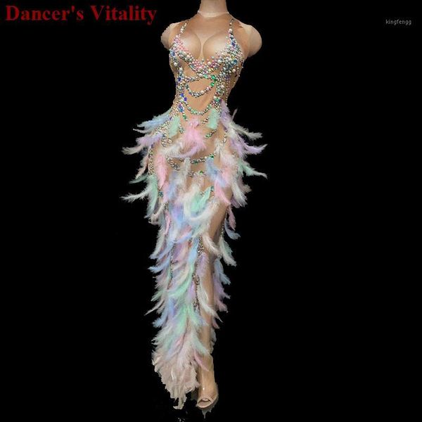 

colored feathers long graduation dress birthday celebration dress women dancer exhibitor side slit with pearl 20201, Black;red
