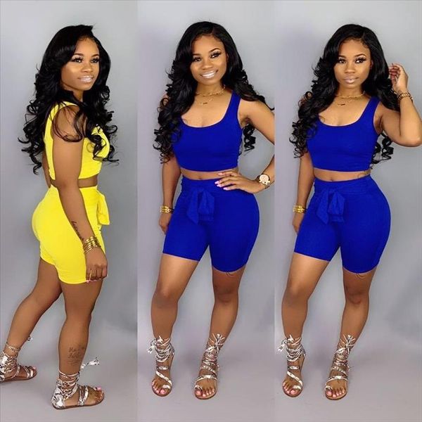 

сексуальные повседневные наряды cousssit женщины без рукавов топ короткие штаны тонкие пояс сливные двухструктурные набор femme dos piezas, Gray